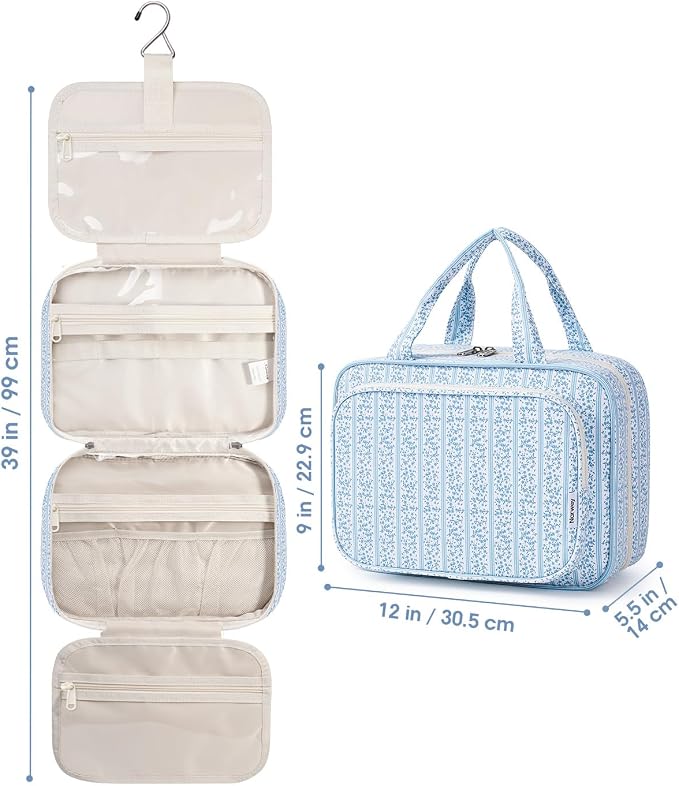 Narwey Travel Toiletry Bag for Women Large Hanging Makeup Bag Organizer Toiletries Bag for Full Size Essentials Accessories Cosmetics (Blue Flower Buds (Large))