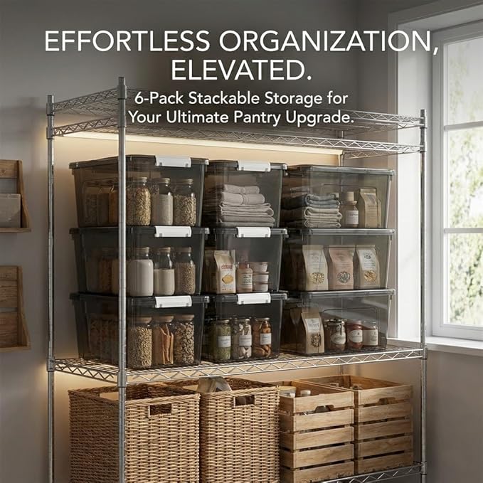 19 Quart Stackable Plastic Storage Bins with Lids, 6 Pack Clear Black Organizer Boxes with Secure Latches for Garage, Tools, Closet, Office, Durable Storage