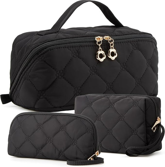 YTL Travel Makeup Bag, Puffer Cosmetic Bag for Women, Waterproof Puffy Padded Make Up Bags, Flat Open Portable Organizer Case Toiletry Bag Pouch Purse for Skincare, Brushes & Travel Essentials