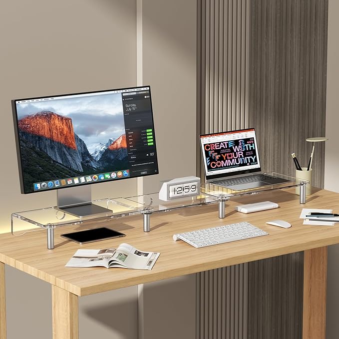 dual monitor stand riser, 3-layer transparent acrylic monitor stand with anti slip pad, adjustable length and angle, suitable for 2 monitors, desktop, laptop, PC, printer, TV screen