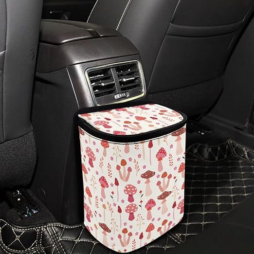 Biyejit Pink Mushroom Car Trash Can with Lid Collapsible Waterproof Car Garage Bag Reusable Hanging Automotive Garbage Bin with Adjustable Strap Car Accessories Interior Car Organizer