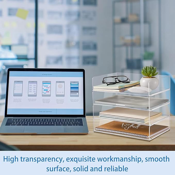 Harloon 4 Tier Paper Organizer Letter Tray Acrylic Desk File Organizer Stackable Documents Letter Clear Paper Holder Sorter Office Tray for A4, Modern Office Classroom Home File Pad Books Notes