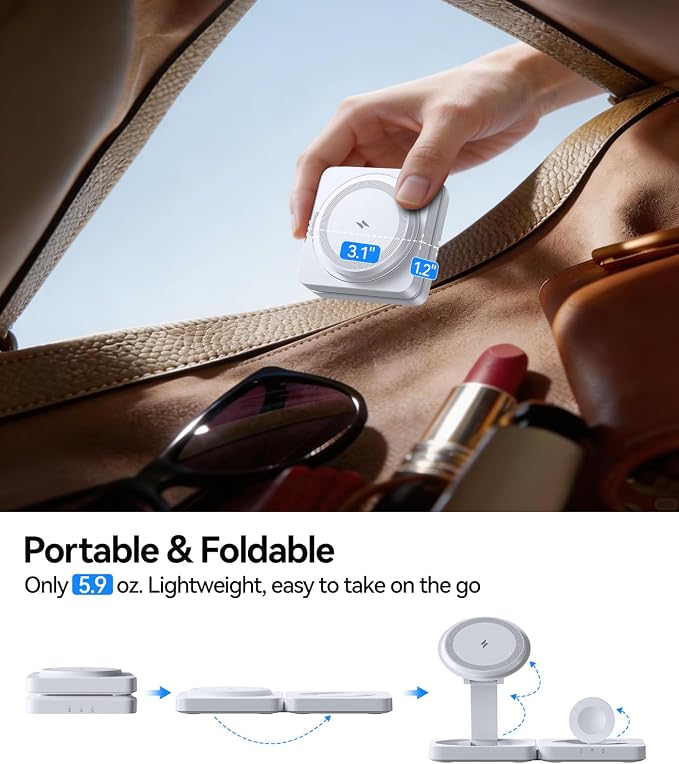 Wireless Charger for iPhone, 3-in-1 Magnetic Charging Station for Apple Device, MagSafe Charger Stand for iPhone 17 16 15 14 13 12 Series, Apple Watch Ultra, Airpods Pro, Foldable, White