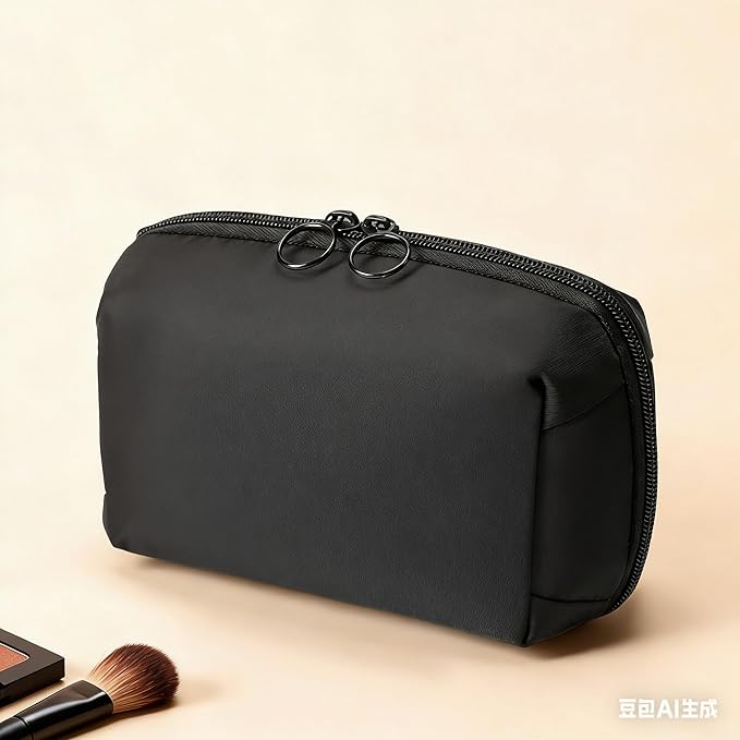 Fabric Cosmetic Bag with Multi-Compartments - Machine Washable Makeup Organizer, Water-Resistant Travel Toiletry Pouch, Lightweight Portable Beauty Bag for Purse Black