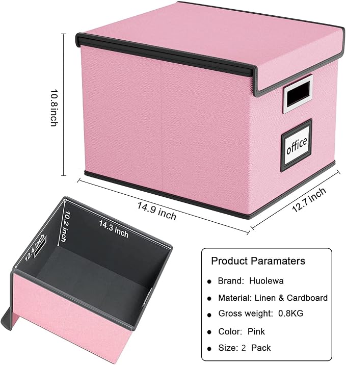 Collapsible File Storage Organizer Boxes with Lids, Linen Document Storage, Universal Hanging Filing Organization Boxes for Letter/Legal, Decorative Office/Home File Bins - Boxes Only(2 Pack)