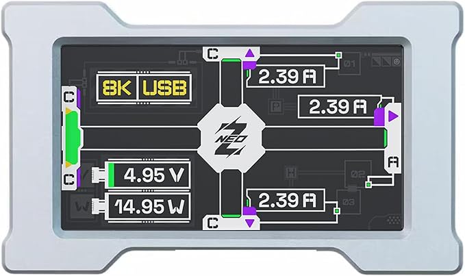 HM Lab ZNEO Gaming USB Hub with 1.9??Screen, USB 2.0 High-Speed, USB-C x2 & USB-A x1, Aluminum Alloy, External 5V Power Input, Compact USB Hub for Gaming & Desk Setup (Silver (77 Frames))