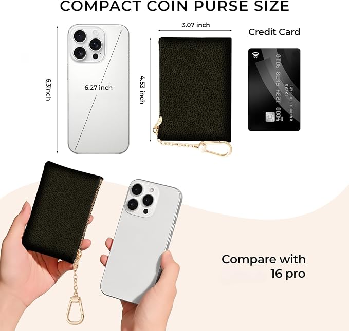 Black Keychain Coin Purse for Women, Small PU Leather Change Pouch, Zipper Little Tiny Travel Wallet for Girls, Cute Kawaii Zip Pocket Coin Holder with Key Ring