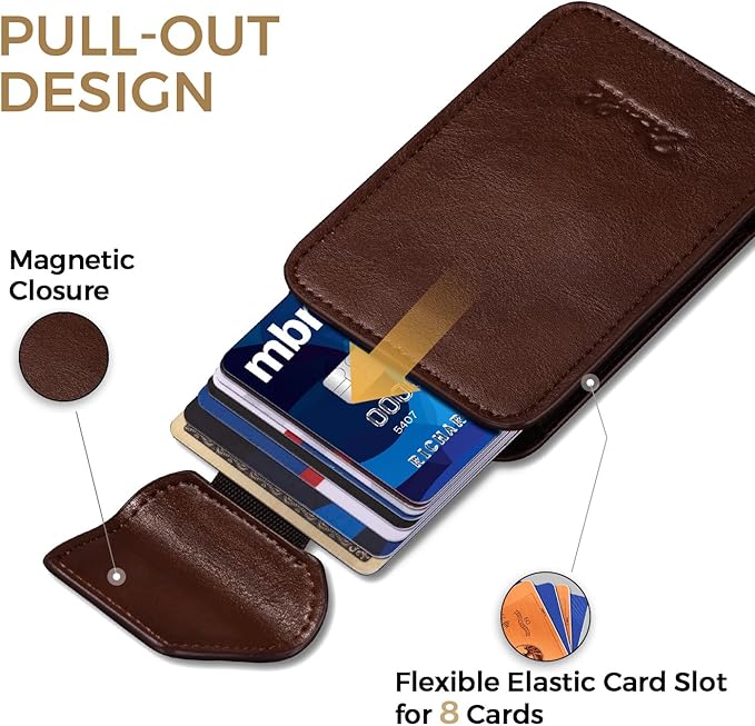 Zitahli Slim Wallet for Men with Pull-Up Tab & Cash Strap - Front Pocket Minimalist Easy Access Card Holder, RFID Blocking, Holds 8 Cards & 10-15 Bills