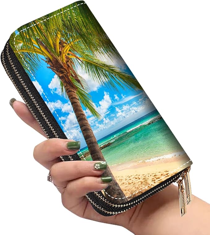 Women's Large Capacity Wallet PU Leather Double Zipper Clutch Purse Multifunctional Wallet with Removable Wristlet Strap for Smart Phone/Coin/Card/Cash, Tropical Paradise Beach Palm Trees
