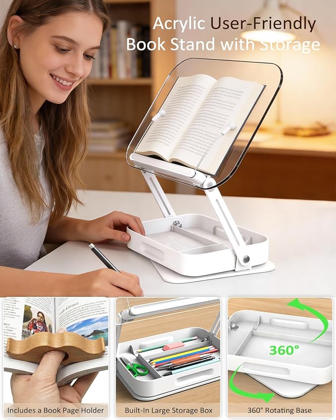 Book Stand for Reading, Acrylic Adjustable Book Holder with Book Page Holder, 360°Cookbook Stand with Storage for Kitchen Counter, Hands Free Recipe Book Holder for Textbook Cookbook, Clear