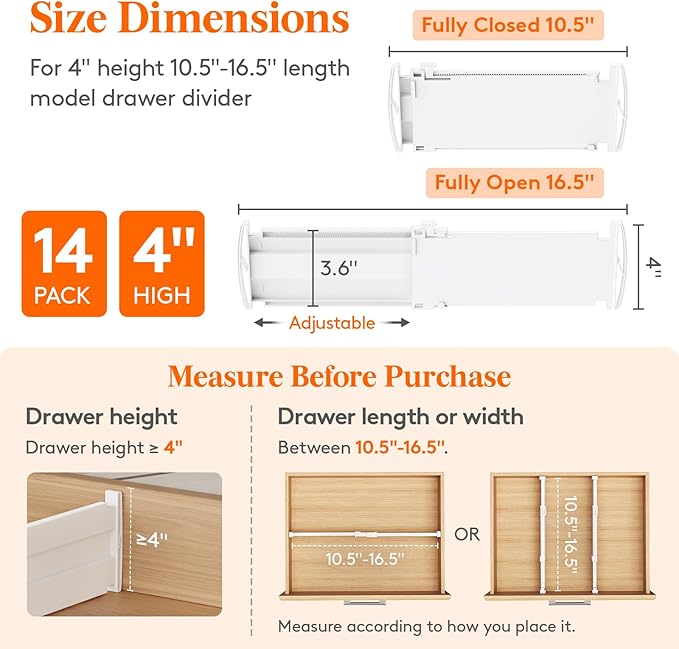 Lifewit 4" Tall 14 Pack Drawer Dividers, 27-42cm/10.5-16.5" Expandable Drawer Divider for Clothes, Adjustable Dresser Drawer Organizers, Drawers Separators for Dresser/Bathroom/Closet/Kitchen White