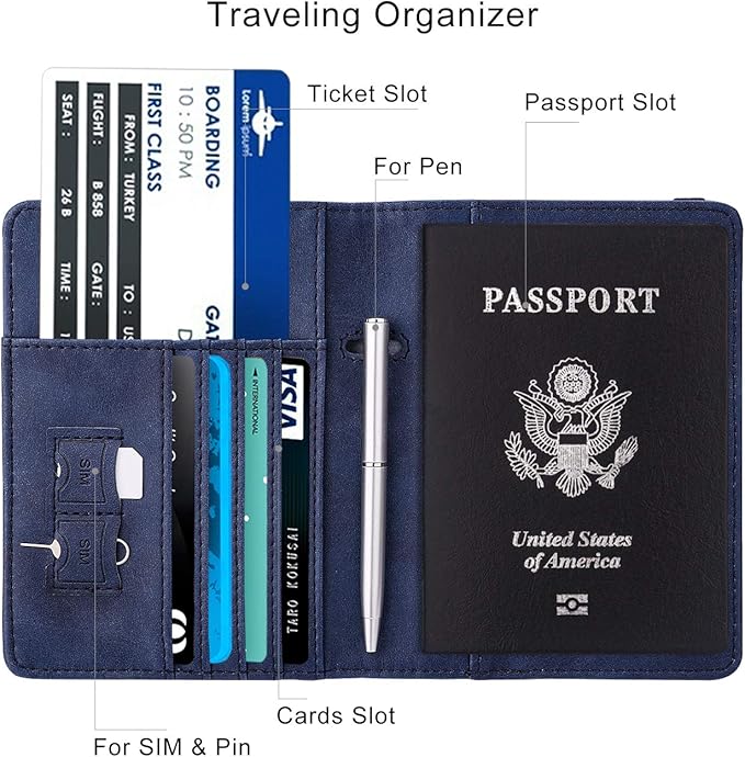 WALNEW Passport Holder for Travel, RFID Passport Cover Wallet for Women Men, PU Leather Passport Book Card Holder Case with Pen, Travelling Essentials for Flying