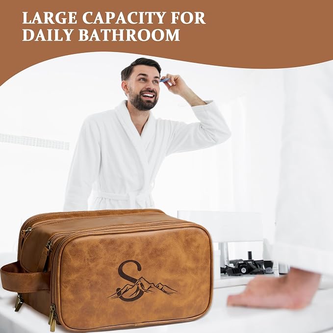 Janhavi Groomsmen Gifts, Waterproof Makeup Bag Organizer,Travel Bag PU Leather Laser Engraved Initials & Mountain, Men's Accessories Storage, Travel Bags for Men, Travel Essentials (Brown Z)