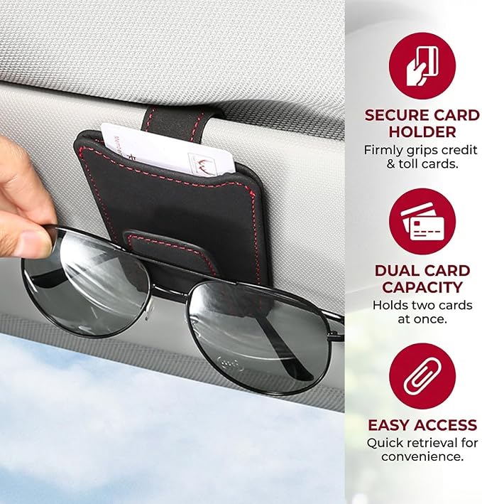 Sunglass Holder for Car Visor, Magnetic Leather Vehicle Eyeglass Hanger Holder, Automotive Interior Sun Visor Glasses Ticket Card Organizer Clip, Universal for SUV RV Lorry (Black)