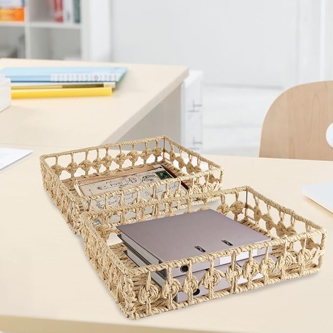 2 Pack File Folders Organizer,Woven Storage Basket for Folders,Mail,Letter,Office Supplies Desk Accessories for Women,Paper Letter Tray Desk Organizer,Stackable File Storage Desktop Organizer