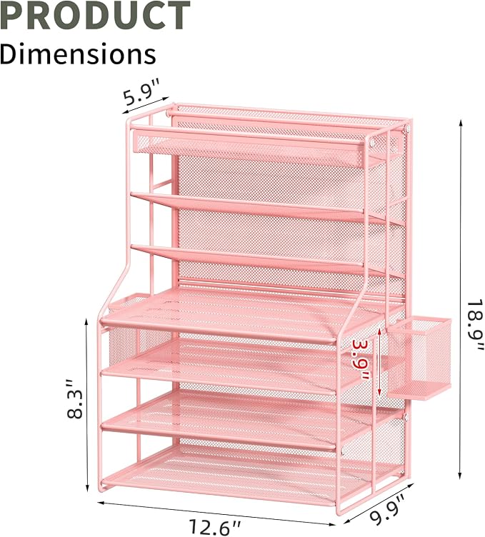 Pink 7 Tier Desk File Organizer, Metal Letter Tray Paper Organizer with Pull-Out Drawer, Removable Pen Holder & Hanging Basket, Vertical Desktop File Holder for Home Office, Classroom