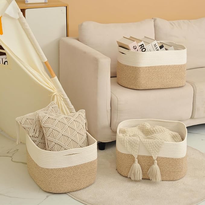 ICERZCZ Large Storage Baskets for Organizing Shelves, Woven Cotton Rope Bins for Baby Nursery Organization, Book Toy Towel Organizer, 17"x13"x9.5", 3 Packs, Off White & Brown