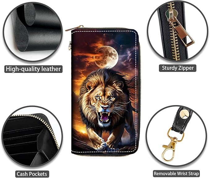 Lion Under The Moon Print Women Large Capacity PU Leather Zip Around Wallet, Multifunctional Clutch Purse for Cash/Card/Coin/Smart Phone