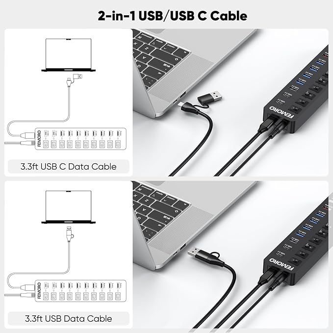 Powered USB C Hub 3.2 11-Port 48W, USB-C 3.2 (10Gbps)*2 + USB-A 3.2 (10Gbps)*1 + USB-A 3.0 (5Gbps)*4 + Power-only Port*4 with 12V/4A Power Adapter High Speed for Laptop PC Phone SSD HDD Flash Drive