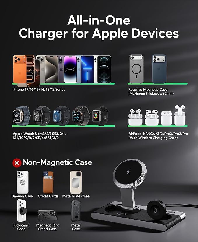 Foldable 3 in 1 Magnetic Wireless Charging Station for Apple Devices, Leather-Like Fast Wireless Charger Dock with Night Light for Magsafe iPhone 17/16/15/14, Apple Watch, AirPod,Gift for Men