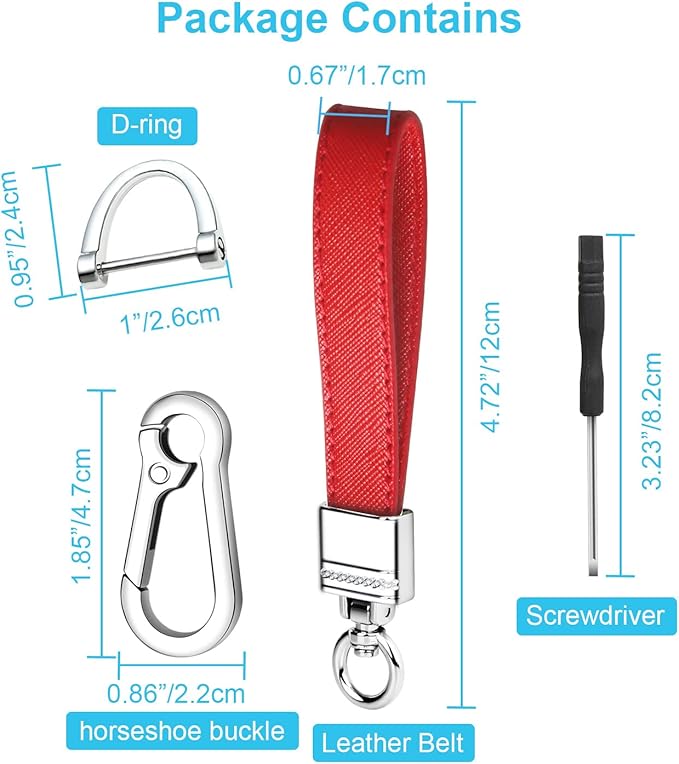 QBUC Genuine Leather Car Keychain,Universal Heavy Duty Metal Key Chain Accessories,Car Fob Key Keychain Holder with 360 Degree Rotatable Snap Swivel and Anti-Lost D-Ring for Men Women（Red）
