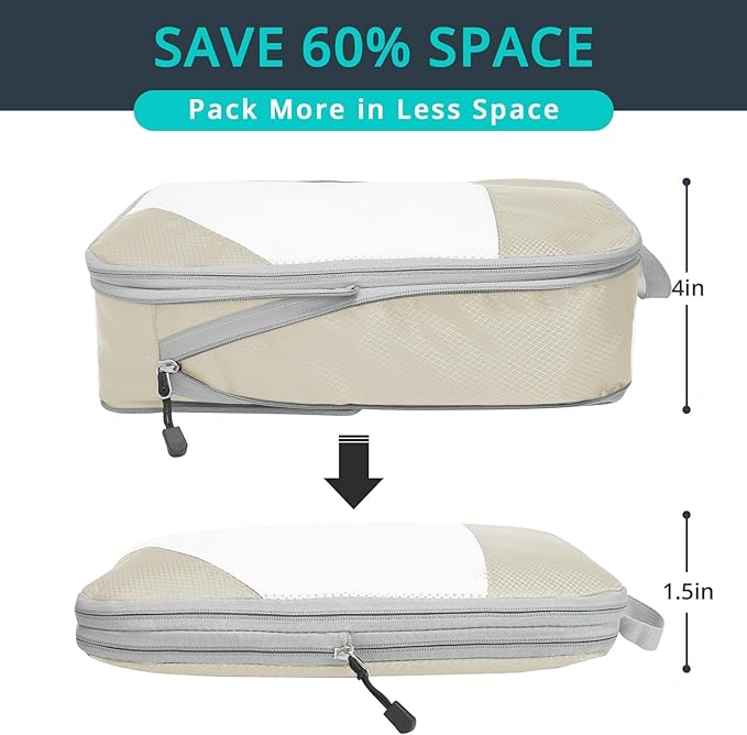 Compression Packing Cubes 10 Set, Compressible Space-Saving Packing Cubes for Travel - Compression Bags, Luggage Organizer, Travel Essentials for Women, Beige