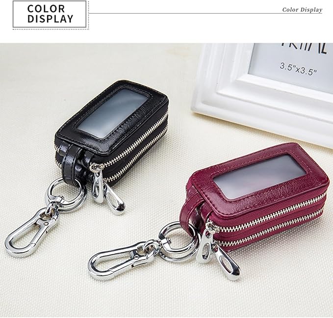 Car Key Chain Bag Double Zipper Leather Protection Key Coin Holder Keyring with Transparent Window