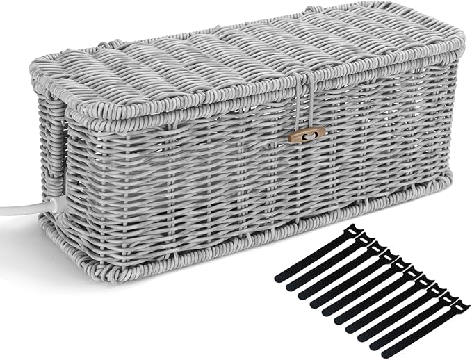 Cable Management Box, Desk Handwoven Rattan Cord Hider Cable Organizer Box With Lid Button Lock, Power Strip Cover Wicker Decorative Basket, Floor Wire Hiding Extension Cord Box (grey)