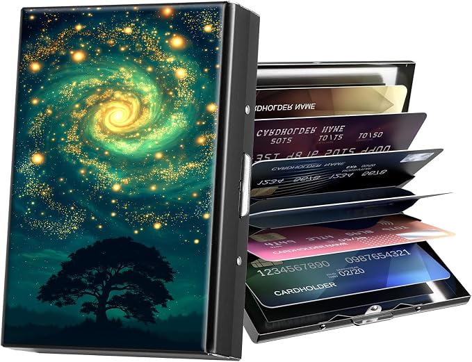 Metal Wallet,Credit Card Holder for Women Men,RFID Blocking Card Holder Mini Slim Aluminum Wallet ID Case Hard Case Business Card Holder Case,Green Galaxy Tree