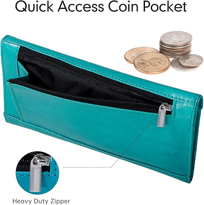 Card Wallet RFID Blocking Envelope Style Tri-fold Checkbook Clutch Slim Vegan Leather 2 ID Windows with Coin Pocket, Green
