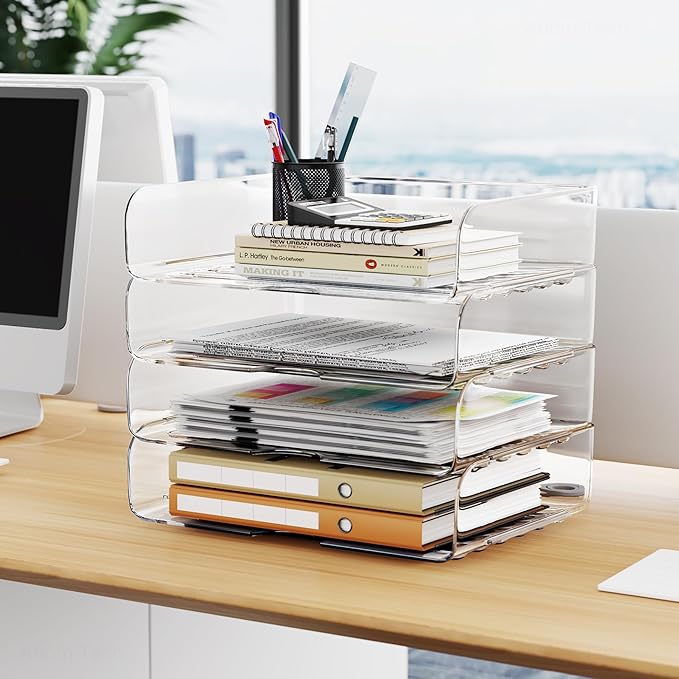 Tomorotec Desk Letter Tray Set, A4 Size Clear PET Stackable Document Organizer Office Desktop File Paper Holder Book Storage Rack Side Load Anti-Skid Stacking Support Convex Bottom (4X Landscape)