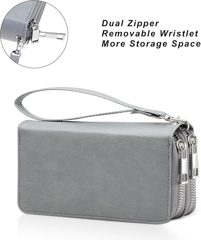 Cellphone Wallet for Women Dual Zipper Long Purse with Removable Wristlet