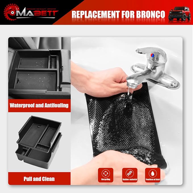 Mabett Console Organizer Tray for Bronco Accessories, Armrest Storage Box fit Bronco 2021-2024 2/4-Door (Not Fits 2025 2026) with Non-Slip Mat Black