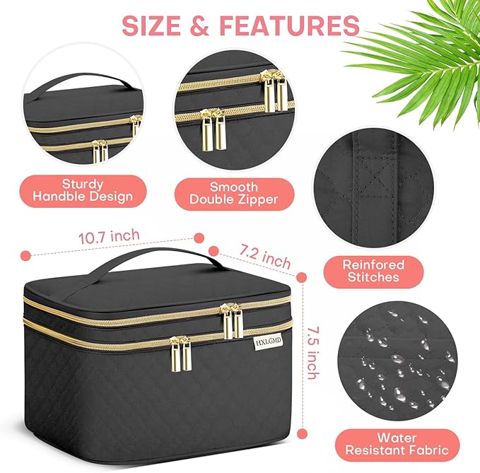 HXLGMD Large Makeup Bag with Mirror Double Layer Travel Make Up Organizer Case, Large Capacity Coemetic Bag with Brush Slot Divider