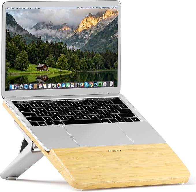 AFOOYO Adjustable Bamboo Laptop Stand,Portable Computer Riser,Ergonomic Notebook Mount with Wrist Rest,Compatible with 9.8-15'' All Laptops,MacBook Air Pro/HP/Dell/Lenovo,Bamboo