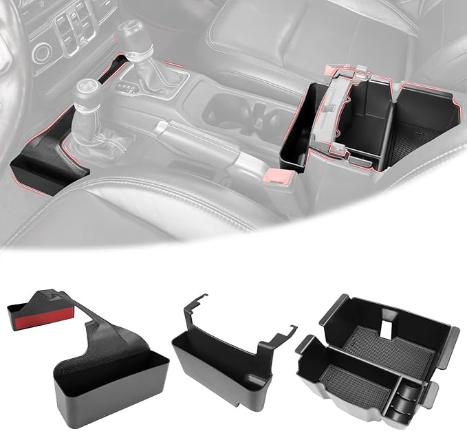 Center Console Gear Shift Organizer Fit for 2018-2025 Jeep Wrangler JL JLU 4XE/Gladiator JT Center Console Armrest Storage Hanging Tray for Wrangler&Gladiator(3-piece Center Console Organizer)