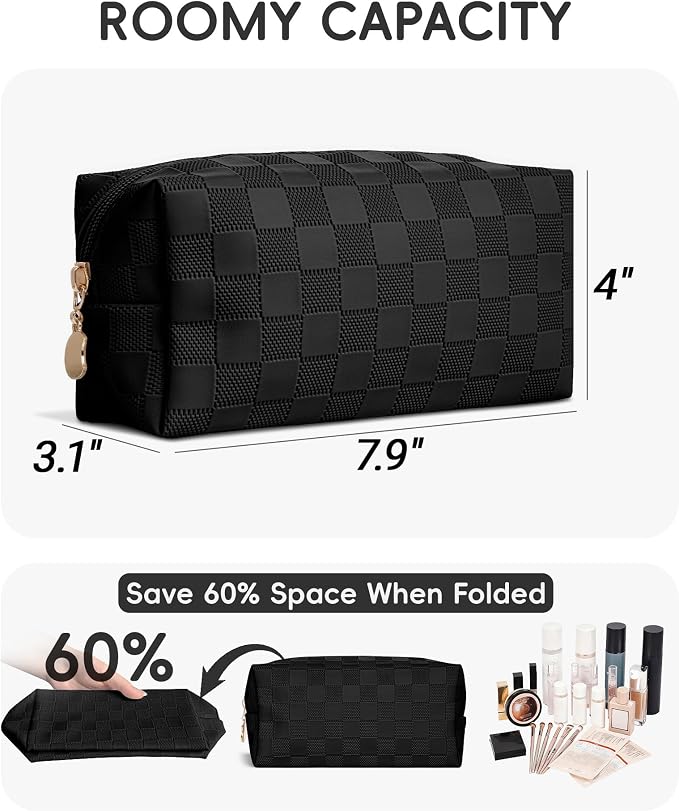Checkered Makeup Bag for Purse - Cute PU Leather Travel Cosmetic Pouch for Women, Portable Flat Toiletry Organizer with Gold Zipper(black)
