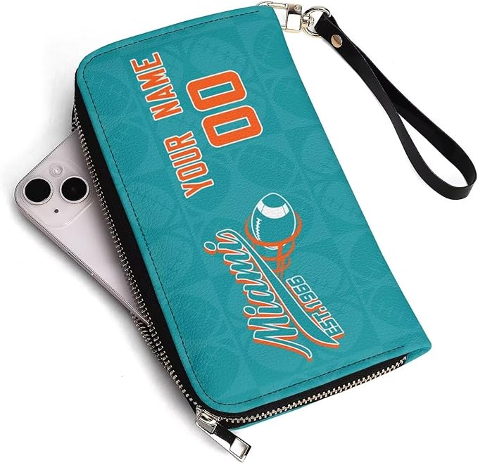 Custom Sports Team Zip Organizer Wallet-Personalized PU Leather Wallet with Name Number,Multi-Card Slots,Wrist Strap,Fan Gift for Men Women.