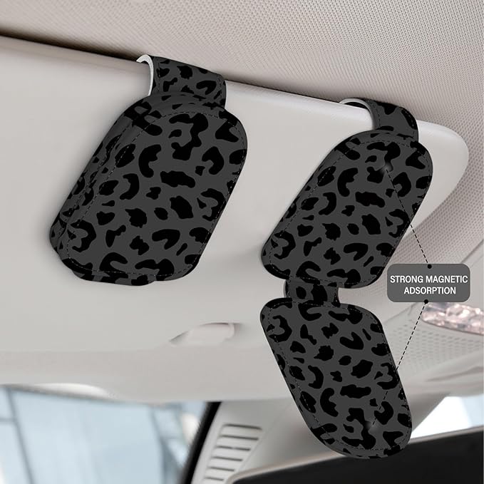 2 Pack Sunglass Holder for Car Visor, Universal Magnetic Car Sunglass Holder for Different Size Eyeglasses, Car Visor Accessories (Leopard-Black)