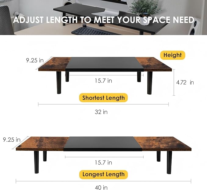 Dual-Monitor-Stand-Riser-For-Desk Adjustable Length 32-40 Inch，Large Desktop Computer Monitor Riser For 2 Screens，Desk Shelf Organizer Riser Stand For Computer/Laptop/PC/Printer/TV Black