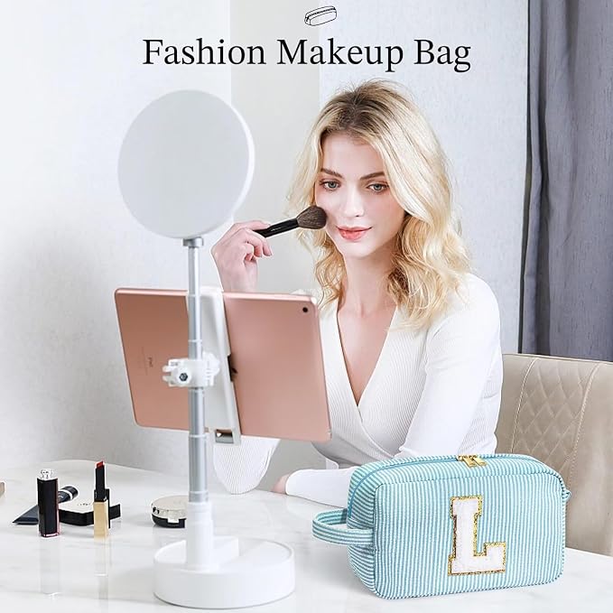 YOOLIFE Initial Cosmetic Bag for Women - Monogram Cute Makeup Bag Cosmetic Case Toiletry Pouch for Women Her Best Friend Sister Teacher, Personalized Birthday Gifts for Women, Light Blue I