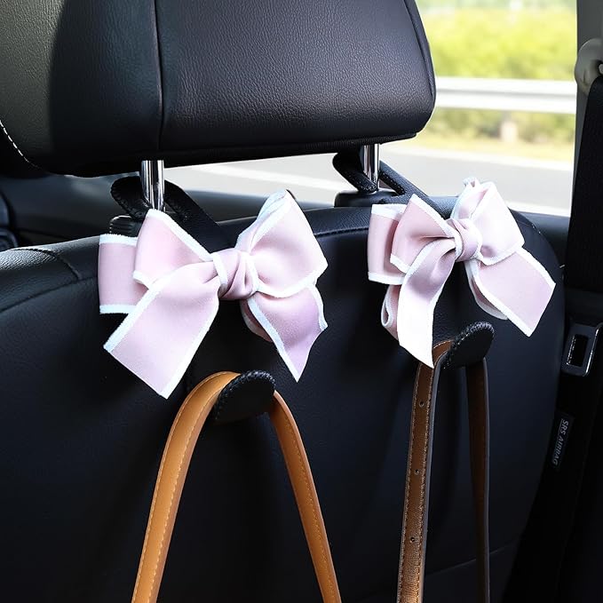 Car Purse Hook, Cute Bow Hooks for Headrest - Leather U-Shaped Purse Holder for Car, Flexible Seat Back Organizer & Durable Vehicle Accessories for Bags, Coats & More (Black&Pink-2 Pack)