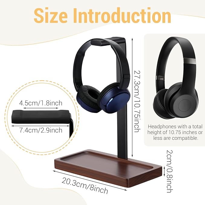 Walnut Wood Headset Holder, Desktop Headphone Stand, Universal Headphone Holder with Storage Base for Gaming, Music Headsets(Dark Brown)