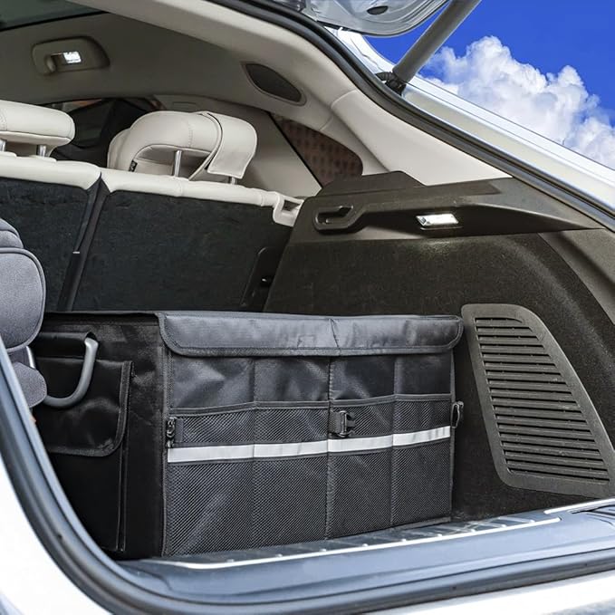 Trunk Organizer With Lid,Medium,Black 55L,For SUV Car Truck,Collapsible Waterproof Oxford Fabric,Portable Multipurpose sorting,3-Compartments with Aluminium Alloy Handle