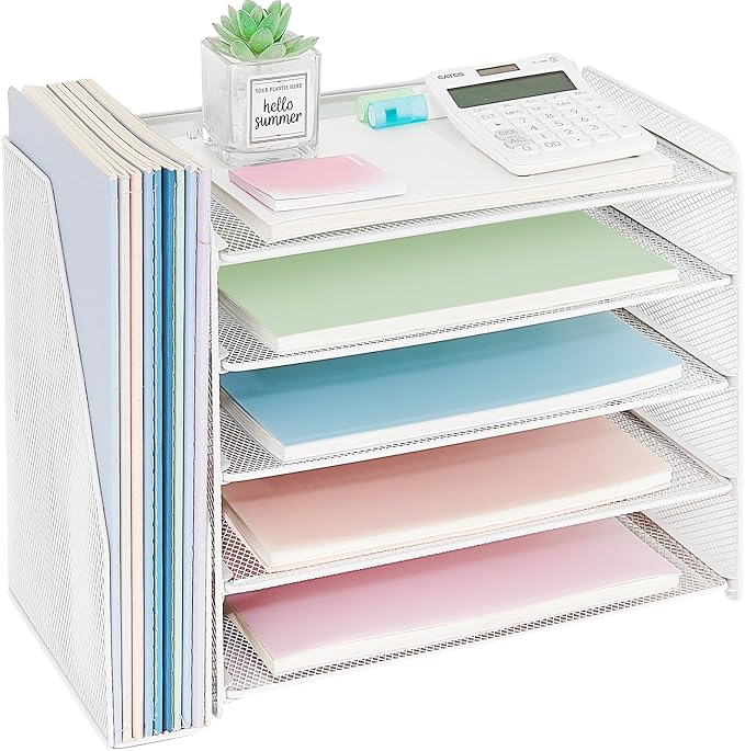 OPNICE Desk Organizer, 5-Tier Paper Organizer Letter Tray with Magazine Holder, Office Desk Accessories & Workspace Organizers, Desktop File Organizer for Office Supplies Storage, White
