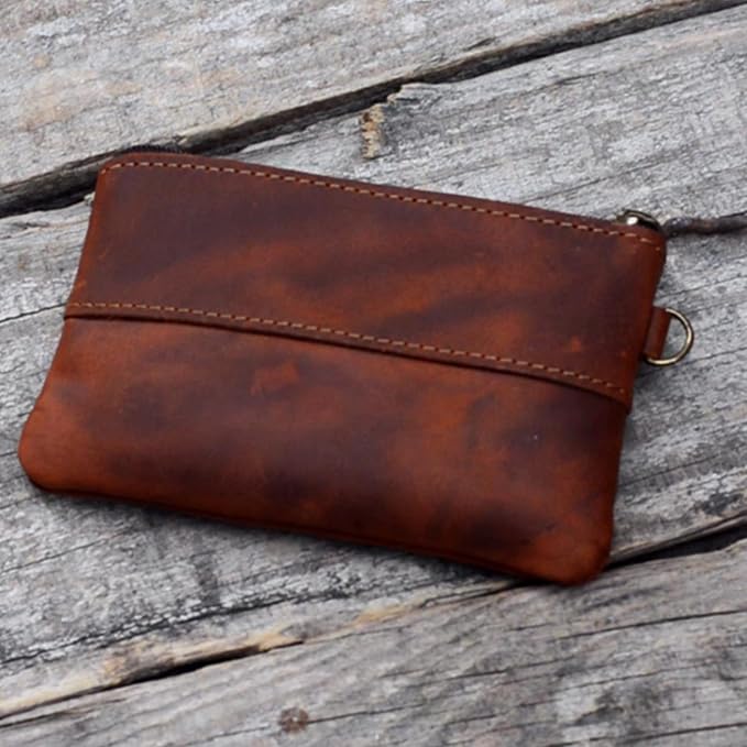 JJNUSA Genuine Leather Zipper Coin Purse for Men, Credit Card Case Holder, Mens Tray Purses Coin Purse Cash Change Wallet Car Smart Holder Money Pouch Brown