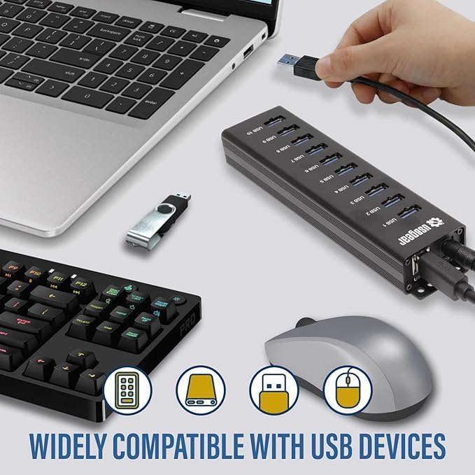 USBGear 10-Port USB Hub 3.2 Gen 1 ??Mountable SuperSpeed Data Hub with USB Ports for Laptop, PC, Desktop, and More, 5V/4A Power Adapter with Type-A to Type-B Cable (3ft), Computer Accessories
