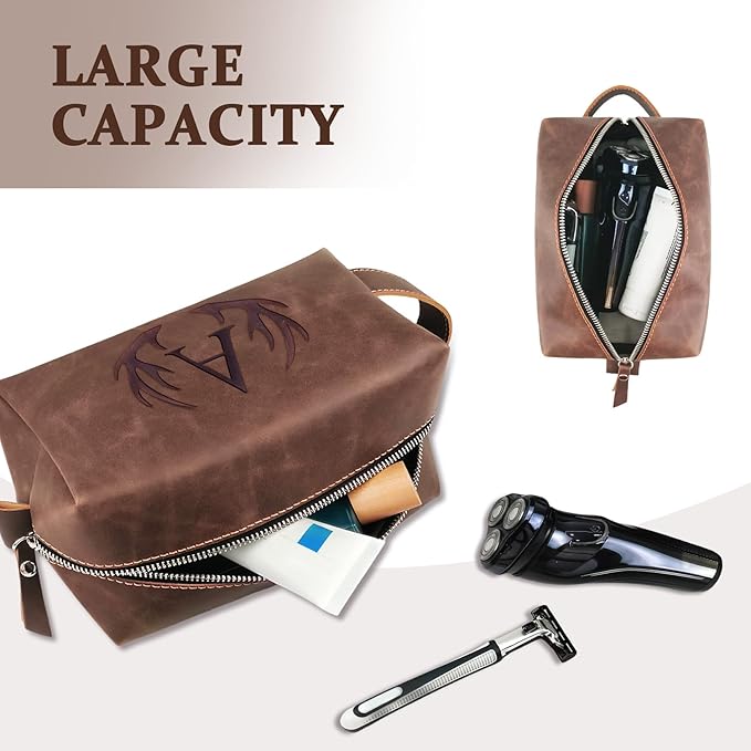 Personalized Travel Toiletry Bag for Men Initial Letter PU Leather Waterproof Shaving Bag for Toiletries Accessories Travel Essentials Storage Bags Fathers Day Birthday Gifts for Men (P)
