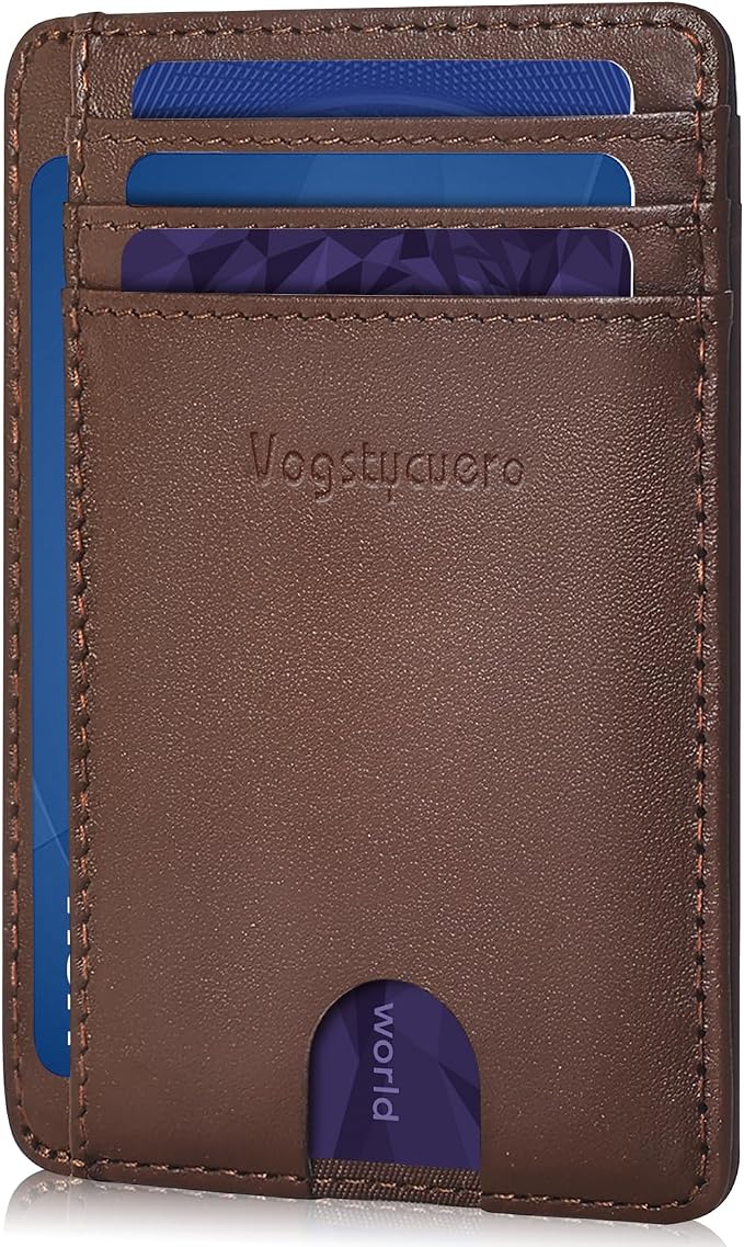 Slim Minimalist Front Pocket Thin Wallet RFID Blocking 100% Genuine Leather Credit Card Holder for men Women, with Gift Box -Grain Leather Brown