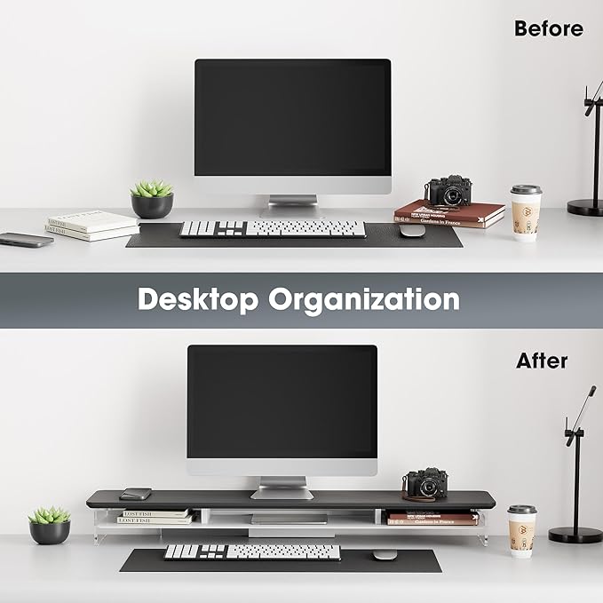 Fenge Acrylic Monitor Stand, 42.5 Inch Clear Dual Monitor Riser with Metal Storage, 2 Tier Computer Riser with LED Lights for Desk, Laptop, Printer, TV